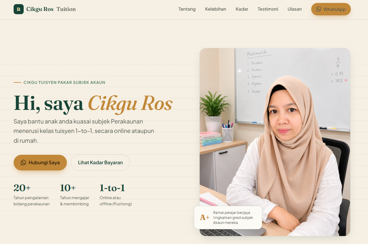 Website Cikgu Ros Tuition yang dibina oleh SempoiHosting